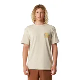 Remera beige de manga corta con estampado gráfico en la espalda con texto en tonos verdes y amarillos.