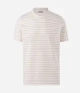 Remera de media malla color beige, de manga corta y cuello redondo, con textura de rayas horizontales discretas de la marca Marfinno.