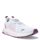 Championes Puma Anzarun 2.0 de diseño deportivo, confeccionados en malla transpirable y materiales sintéticos. Presentan una combinación de colores blanco, rosa claro y detalles en violeta, con entresuela IMEVA para mayor amortiguación y suela de goma resistente.