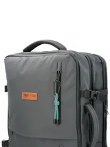 Mochila maletín gris RKF de poliéster reciclado repelente al agua, con tres compartimientos independientes con cierre, espacio para laptop de 15 pulgadas, triple bolsillo frontal, mango lateral, correas ajustables y broches laterales.