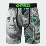 Calzoncillos tipo bóxer con estampado de billetes de 100 dólares y la cara de Benjamin Franklin. Banda elástica negra con logo de la marca en verde neón. Entrepierna de 7 pulgadas con bolsa MicroMesh sellada y transpirable. Estiramiento en cuatro direcciones y costuras planas para mayor durabilidad.