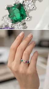 Anillo de plata 925 tipo medio sin fin, con diseño de circonias cuadradas y redondas en diversos colores engastadas en una estructura de plata.
