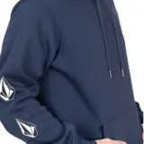 Canguro azul marino con capucha y cordones ajustables, bolsillo tipo canguro y logo de la marca estampado en el pecho y en la manga izquierda.