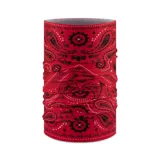 Cuello tubular multifuncional rojo con estampado de cachemira en negro y blanco.