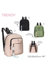 Mochila negra con bolsillo antirrobo y laterales, con llavero desmontable.