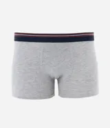Calzoncillo bóxer gris melange de media malla, con cintura elástica rayada en azul marino, blanco y rojo.