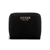 Billetera Guess modelo Laurel II, de formato compacto y diseño minimalista. Presenta un acabado texturizado en color negro con cierre perimetral y el logo de la marca en letras metálicas doradas en el frente.