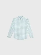 Camisa de hombre de manga larga con estampado de cuadros en tonos celeste y blanco.