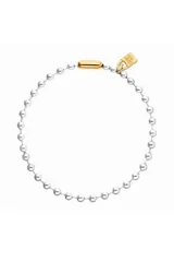 Collar de cadena de bolas de metal bañada en plata de ley, con cierre y dije de candado en baño de oro 18k.