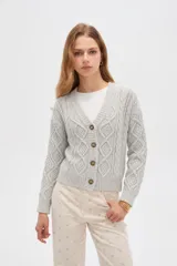 Cardigan de punto gris claro, con escote en V, cierre frontal con botones marrones y diseño de trenzas en el tejido.