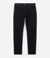 Pantalón de jean negro para hombre, de corte recto, con trabillas en la cintura, cierre de botón y cremallera, bolsillos delanteros y traseros, y detalles con efecto desteñido.