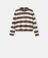Jersey de punto medio con estampado de rayas marrones y blancas, cuello redondo y manga larga.