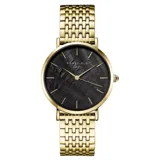 Reloj Rosefield con caja dorada de 33mm y esfera negra con textura. La malla es de acero dorada y el sistema es intercambiable. Resiste salpicaduras y lluvias ligeras (3 ATM).