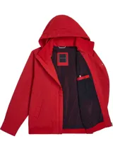 Campera roja con capucha, cierre frontal con cremallera, cuello alto y dos bolsillos laterales. Logo de Tommy Hilfiger bordado en la manga.