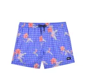Short de baño azul con estampado de lunares y flores.