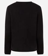 Cardigan de punto color marrón oscuro, con escote en V, cierre frontal con botones y mangas largas.