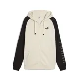 Campera deportiva Puma con capucha y cierre completo, color beige con mangas negras y logo de la marca en el pecho.