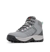 Bota de senderismo impermeable Columbia, color gris con detalles en coral. Presenta una combinación de cuero y malla en la parte superior, con entresuela amortiguada y suela de goma con tracción avanzada.