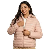 Campera puffer Diadora de color rosado, con diseño acolchado, cierre frontal completo y capucha ajustable. Presenta el logo de la marca bordado en el pecho.