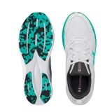 Championes de running Under Armour modelo Assert 11, color blanco con detalles en verde turquesa y negro. Presentan una suela con diseño moteado y el logo de la marca en el lateral.
