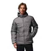 Campera puffer con capucha, color gris, con cierre frontal completo, bolsillos laterales con cremallera y tecnología de reflectividad térmica Omni-HEAT.
