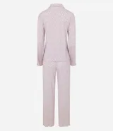 Pijama de dos piezas estilo americano, confeccionado en tejido peach touch con estampado de lunares. La blusa tipo camisa cuenta con cuello solapa y cierre frontal con botones, mientras que el pantalón es de corte largo y holgado.