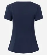 Blusa de corte peplum confeccionada en tejido Punto Roma, con escote redondo, mangas cortas y recortes estructurados que definen la silueta.