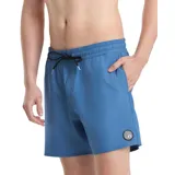 Short de baño Volcom Lido Solid Trunk color azul, con cintura elástica, cordón de ajuste negro y bolsillos laterales. Cuenta con un parche circular con el logo de la marca en la pierna izquierda.