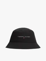 Gorro tipo bucket negro de sarga de algodón, con costuras texturizadas en el ala y el logo lineal de Tommy Jeans bordado en la parte delantera.
