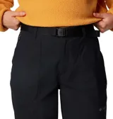 Pantalón de senderismo Columbia modelo Brea Falls, color negro, confeccionado en nylon con tecnología Omni-Shade y Omni-Shield. Presenta cintura elástica parcial con cinturón integrado, bolsillos laterales y traseros con cierre, y puños ajustables con cordón.