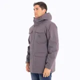 Campera tipo parka color gris, con capucha, cierre frontal con solapa, bolsillos frontales con tapa y ajuste en la cintura. Diseño técnico impermeable y transpirable.