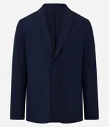 Blazer azul marino con cuello en V con solapa, abotonado doble, mangas largas y textura.