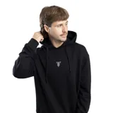 Canguro unisex de color negro con capucha y cordones ajustables. Presenta un pequeño logo bordado en el centro del pecho y un diseño gráfico en 3D en la espalda.