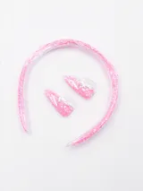 Set de vincha y dos broches para el pelo, color rosado con glitter.