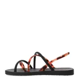 Sandalias Ipanema con base negra y tiras combinadas en efecto carey marrón y cordón trenzado negro.