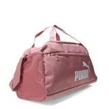 Bolso deportivo Puma Phase Small Sports Bag, color rosado con el logotipo de la marca impreso en blanco en la parte frontal. Cuenta con asas de mano y bolsillo lateral de red.