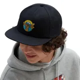 Gorra negra de Vans con parche bordado del Monstruo Comegalletas de Sesame Street comiendo galletas, sobre un círculo amarillo.