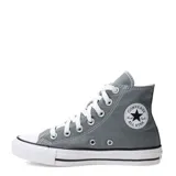 Championes de lona Converse modelo Chuck Taylor All Star Hi, de caña alta en color gris, con puntera de goma blanca, cordones blancos y suela de goma con franja negra.