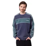 Buzo de cuello redondo Rusty con diseño de bloques de color en azul marino y verde, con detalles de líneas blancas y logo bordado en el pecho.
