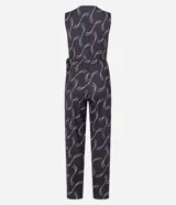 Mono sin mangas de microfibra color marrón con estampado geométrico en blanco, escote en V y lazo fruncido en el lateral.