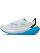 Championes de running Under Armour modelo Velociti Distance, con tecnología de amortiguación HOVR+ de longitud completa. Presentan un diseño en color blanco con detalles en azul vibrante y amarillo neón, parte superior de malla técnica transpirable y suela con marco translúcido para mayor estabilidad.