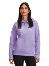 Buzo deportivo Under Armour Rival Fleece Shimmer para mujer, color lila con logo metalizado en el frente, capucha con cordón ajustable y bolsillo tipo canguro.