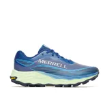 Championes de trail running Merrell modelo Agility Peak 6, color azul con detalles en verde claro. Presentan capellada de malla transpirable con refuerzos de TPU, entresuela de espuma FloatPro para mayor amortiguación y suela de goma Vibram MegaGrip con tacos de alta tracción.