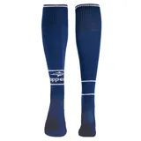 Medias de fútbol de caña alta color azul marino, con detalles de líneas blancas y logo de la marca Topper en la parte frontal.
