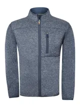 Campera polar azul jaspeado con cuello alto y cierre frontal completo. Tiene un bolsillo vertical con cierre en el pecho y dos bolsillos laterales.