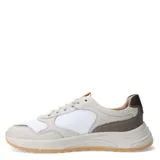 Championes urbanos Democrata modelo Lushio, con diseño de paneles en tonos beige, blanco y detalles en verde oliva. Presentan cierre con cordones, logo lateral distintivo y suela de goma en color caramelo.
