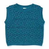 Chaleco color turquesa tejido a crochet con motivo de cuadrados granny squares en el frente y espalda de jersey, con cuello redondo y sisas amplias.
