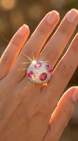 Anillo tipo bombe de plata 925 con pavé de circonias blancas y cuatro piedras naturales de rubí en talla oval.