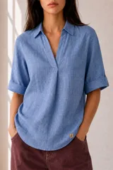 Blusa azul de lino con cuello camisero, escote en V y mangas tres cuartos con vuelta. Presenta un diseño holgado con dobladillo redondeado y un pequeño parche con logo bordado en el lateral inferior.