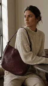 Cartera tipo hobo de cuero premium con textura natural, diseño amplio y minimalista. Cuenta con una correa regulable para llevar al hombro y cierre superior.